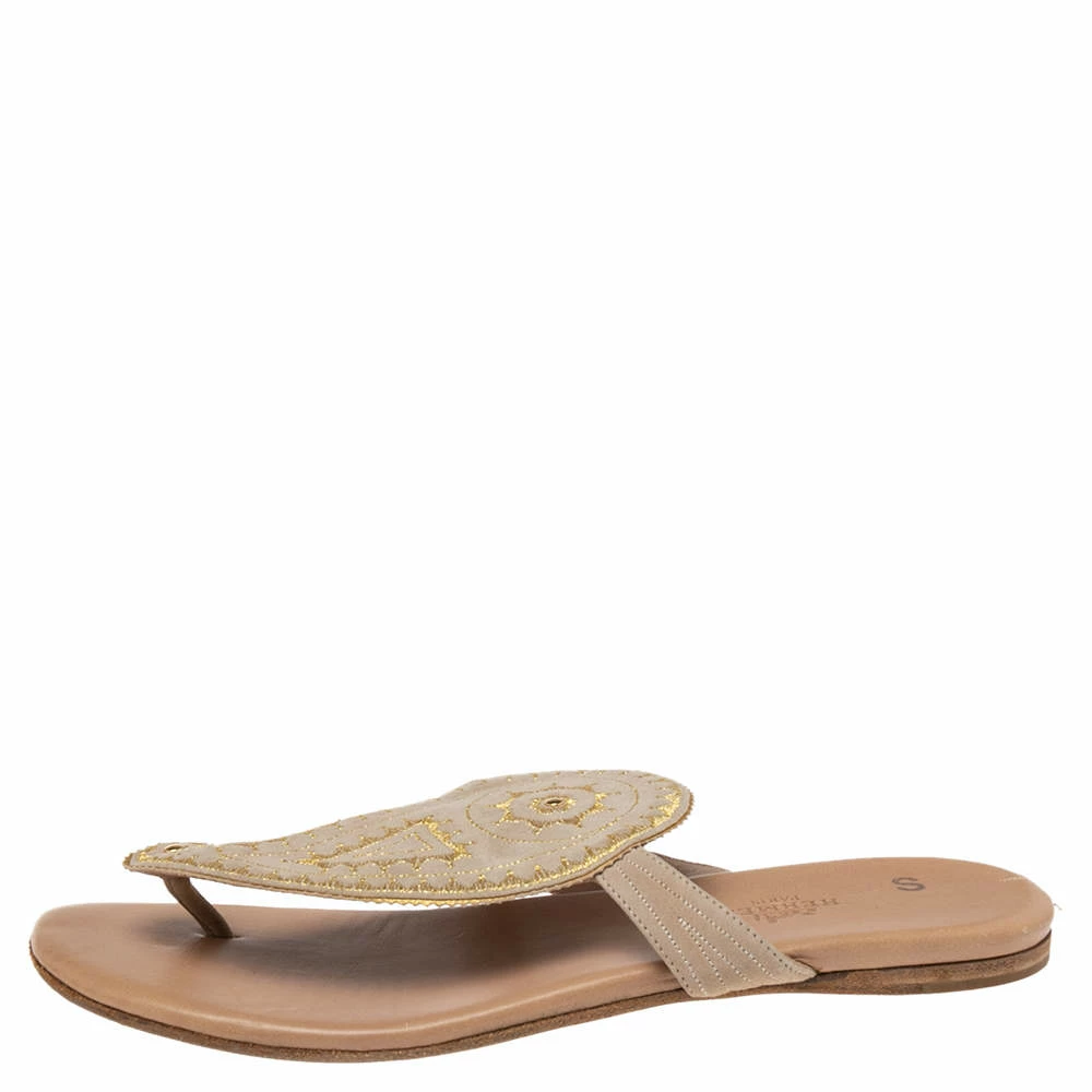 Hermes Beige/Brown Suede And Leather Embroidered Flat Sandals Size 38.5 For Women 4 Hermes Beige/Brown Suede And Leather Embroidered Flat Sandals Size 38.5 For Women - Image 2