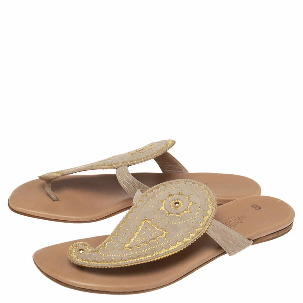 Hermes Beige/Brown Suede And Leather Embroidered Flat Sandals Size 38.5 For Women 6 Hermes Beige/Brown Suede And Leather Embroidered Flat Sandals Size 38.5 For Women - Image 4