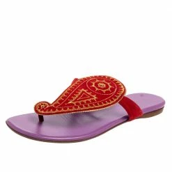 Hermes Red Suede Embroidered Motif Flat Thong Slides Size 38.5 For Women
