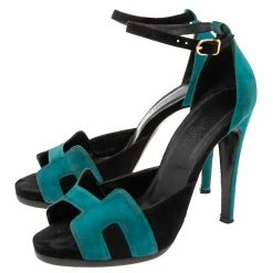 Hermes Teal/Black Suede Premiere Ankle-Strap Sandals Size 38.5 For Women -Deals Hermes Store luxury women hermes used shoes p612505 002