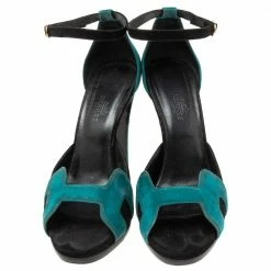 Hermes Teal/Black Suede Premiere Ankle-Strap Sandals Size 38.5 For Women -Deals Hermes Store luxury women hermes used shoes p612505 003