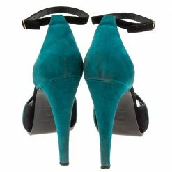 Hermes Teal/Black Suede Premiere Ankle-Strap Sandals Size 38.5 For Women -Deals Hermes Store luxury women hermes used shoes p612505 004