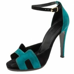 Hermes Teal/Black Suede Premiere Ankle-Strap Sandals Size 38.5 For Women