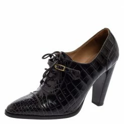 Hermes Black Croc Embossed Leather Lace-Up Oxford Ankle Booties Size 38.5 For Women