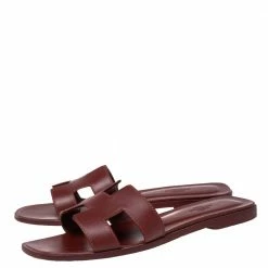 Hermes Burgundy Leather Oran Sandals Size 38 For Women -Deals Hermes Store luxury women hermes used shoes p612842 007
