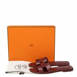 Hermes Burgundy Leather Oran Sandals Size 38 For Women -Deals Hermes Store luxury women hermes used shoes p612842 009