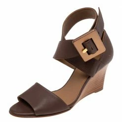 Hermes Brown Leather Wedge Ankle Strap Sandals Size 38.5 For Women
