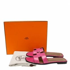Hermes Pink Lizard Leather Oran Flats Size 37.5 For Women -Deals Hermes Store luxury women hermes used shoes p614314 003