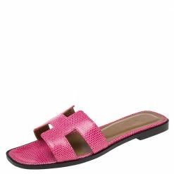 Hermes Pink Lizard Leather Oran Flats Size 37.5 For Women