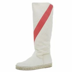 Hermes White Canvas Espadrilles Knee Boots Size 37 For Women