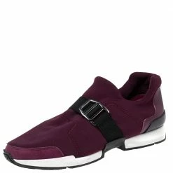 Hermes Hermès Burgundy Neoprene And Leather Elastic Buckle Strap Run Slip-On Sneakers Size 36.5 For Women