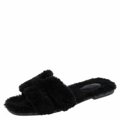 Hermes Hermès Black Fur Oran Flat Sandals Size 38 For Women