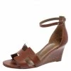 Hermes Brown Leather Legend Wedge Ankle-Strap Sandals Size 38.5 For Women