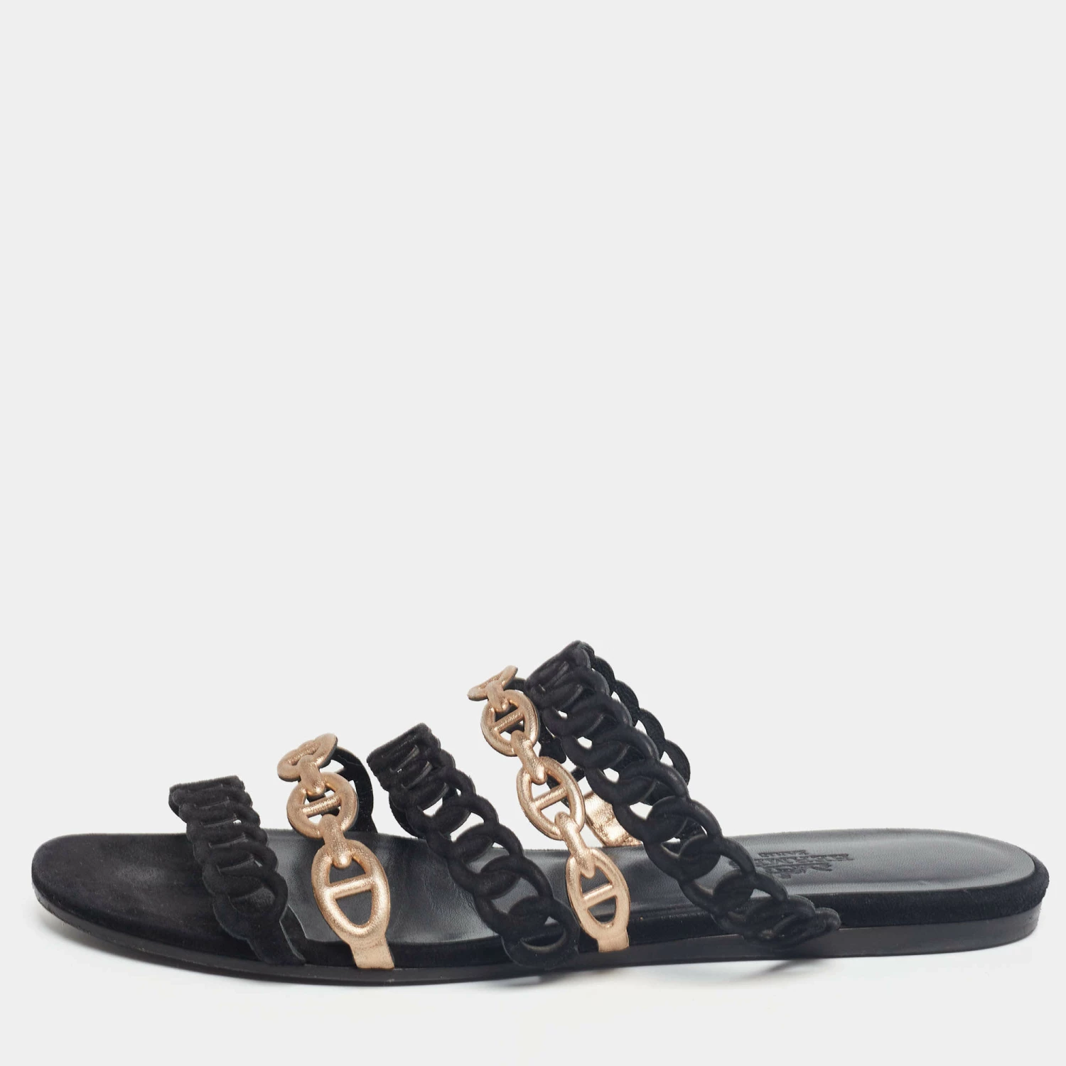 Hermes Hermès Black/Gold Suede And Leather D'ancre Chaine Flat Sandals Size 36 For Women 3 Hermes Hermès Black/Gold Suede And Leather D'ancre Chaine Flat Sandals Size 36 For Women