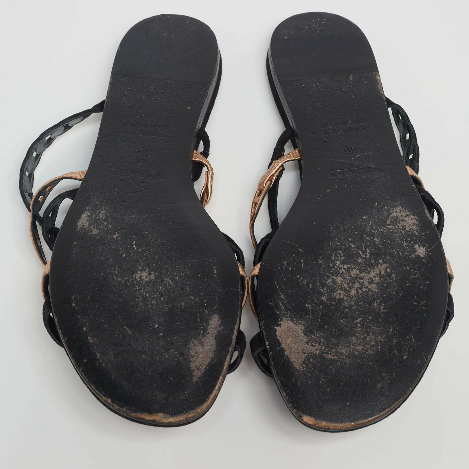 Hermes Hermès Black/Gold Suede And Leather D'ancre Chaine Flat Sandals Size 36 For Women 8 Hermes Hermès Black/Gold Suede And Leather D'ancre Chaine Flat Sandals Size 36 For Women - Image 6