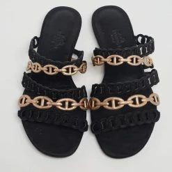 Hermes Hermès Black/Gold Suede And Leather D'ancre Chaine Flat Sandals Size 36 For Women 13 Hermes Hermès Black/Gold Suede And Leather D'ancre Chaine Flat Sandals Size 36 For Women -Deals Hermes Store luxury women hermes used shoes p624385 010