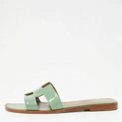 Hermes Hermès Green Patent Leather Oran Flat Slides Size 38 For Women