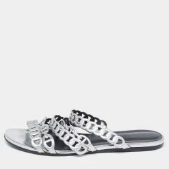 Hermes Silver Leather D'ancre Chaine Flat Sandals Size 36 For Women