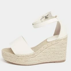 Hermes White Leather Espadrille Wedge Sandals Size Size 36 For Women