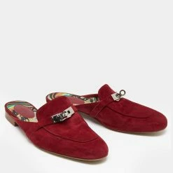 Hermes Hermès Burgundy Suede Palladium Plated Oz Flat Mules Size 37.5 For Women -Deals Hermes Store luxury women hermes used shoes p626879 005