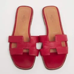 Hermes Red Leather Oran Sandals Size 37.5 For Women -Deals Hermes Store luxury women hermes used shoes p629035 001