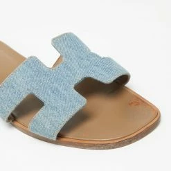 Hermes Blue Denim Oran Flat Sandals Size 38 For Women -Deals Hermes Store luxury women hermes used shoes p629040 004