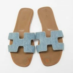 Hermes Blue Denim Oran Flat Sandals Size 38 For Women -Deals Hermes Store luxury women hermes used shoes p629040 008