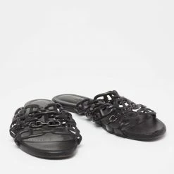 Hermes Black Leather D'ancre Chaine Flat Slides Size 38.5 For Women -Deals Hermes Store luxury women hermes used shoes p629774 004