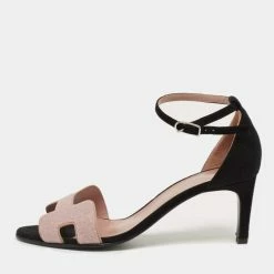 Hermes Pink/Black Crystals And Suede Premiere Ankle-Strap Sandals Size 40 For Women