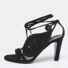 Hermes Black Suede Embroidered Tie-Up Sandals Size 38.5 For Women