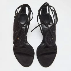 Hermes Black Suede Embroidered Tie-Up Sandals Size 38.5 For Women -Deals Hermes Store luxury women hermes used shoes p634099 002