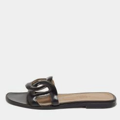 Hermes Hermés Black Leather Aloha Flat Slides Size 37 For Women