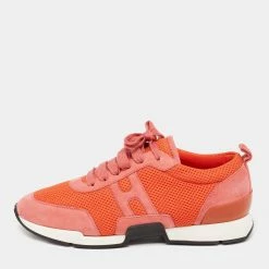Hermes Pink Suede And Mesh Player Low Top Sneakers Size 38.5 For Women