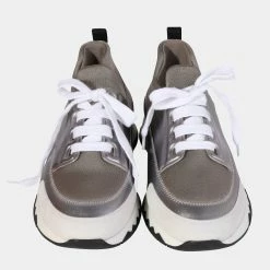 Hermes Grey/Silver Leather Stadium Sneakers EU 39.5 For Women -Deals Hermes Store luxury women hermes used shoes p636120 002