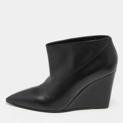 Hermes Black Leather Pointed Toe Wedge Ankle Booties Size 39 For Women