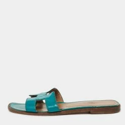 Hermes Teal Patent Leather Oran Flat Slides Size 36.5 For Women