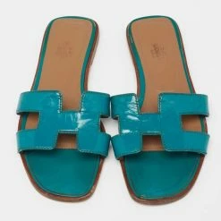 Hermes Teal Patent Leather Oran Flat Slides Size 36.5 For Women -Deals Hermes Store luxury women hermes used shoes p640992 1652679957 009