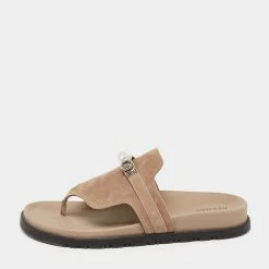 Hermes Beige Suede Empire Flat Slides Size 38 For Women