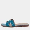Hermes Turquoise Blue Croc Embossed Leather Oran Sandals Size 37.5 For Women -Deals Hermes Store luxury women hermes used shoes p643285 002