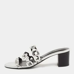 Hermes Silver Leather Chaine D'Ancre Slide Sandals Size 38.5 For Women