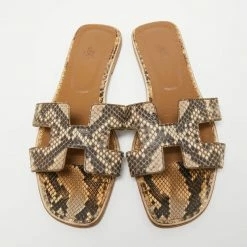 Hermes Brown/Beige Python Oran Sandals Size 41.5 For Women -Deals Hermes Store luxury women hermes used shoes p646416 008