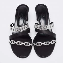 Hermes Black/Silver Leather Ajaccio Block Heel Slide Sandals Size 38 For Women -Deals Hermes Store luxury women hermes used shoes p647151 001