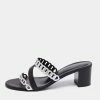 Hermes Black/Silver Leather Ajaccio Block Heel Slide Sandals Size 38 For Women -Deals Hermes Store luxury women hermes used shoes p647151 003