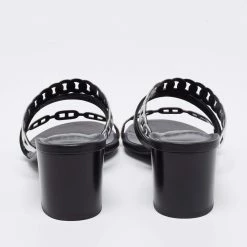 Hermes Black/Silver Leather Ajaccio Block Heel Slide Sandals Size 38 For Women -Deals Hermes Store luxury women hermes used shoes p647151 006