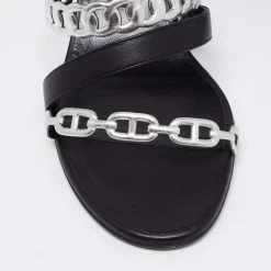 Hermes Black/Silver Leather Ajaccio Block Heel Slide Sandals Size 38 For Women -Deals Hermes Store luxury women hermes used shoes p647151 007