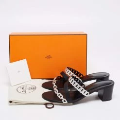 Hermes Black/Silver Leather Ajaccio Block Heel Slide Sandals Size 38 For Women -Deals Hermes Store luxury women hermes used shoes p647151 009