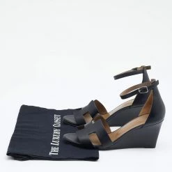 Hermes Black Leather Legend Ankle Strap Wedge Sandals Size 37 For Women -Deals Hermes Store luxury women hermes used shoes p647811 001