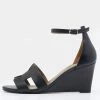 Hermes Black Leather Legend Ankle Strap Wedge Sandals Size 37 For Women