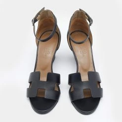 Hermes Black Leather Legend Ankle Strap Wedge Sandals Size 37 For Women -Deals Hermes Store luxury women hermes used shoes p647811 004