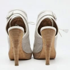 Hermes Hermès Grey/Off White Canvas And Leather Open-Toe Lace Up Booties Size 36 For Women -Deals Hermes Store luxury women hermes used shoes p648379 003